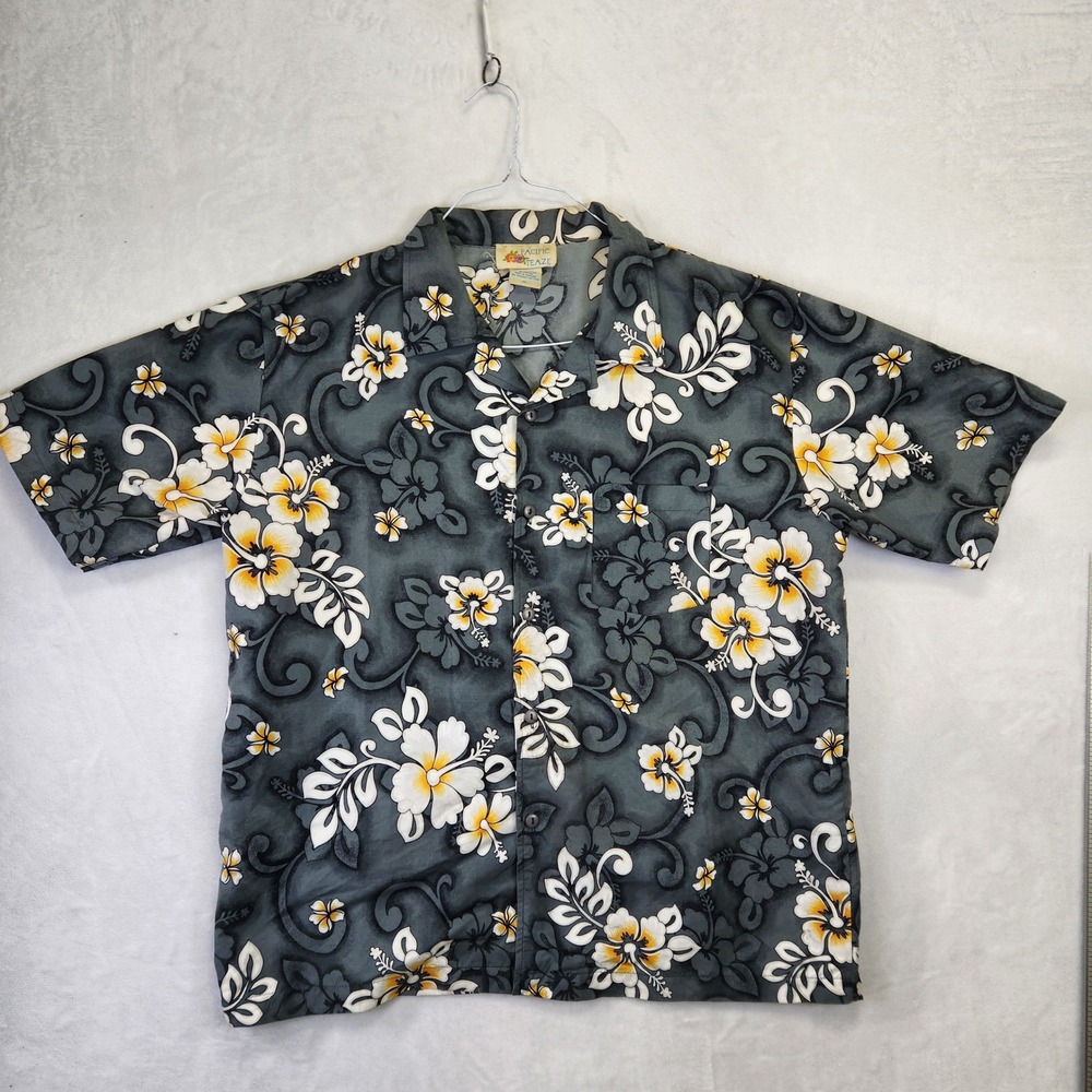 Pacific Teaze Mens XL Hawaiian‎ Shirt Charcoal Grey Yellow Hibiscus Floral Print